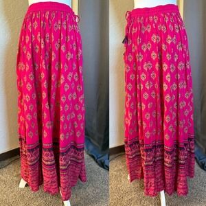 Easybuy Fuchsia Pink Gold Block Print Tassel Maxi Skirt Womens XL Boho Rayon